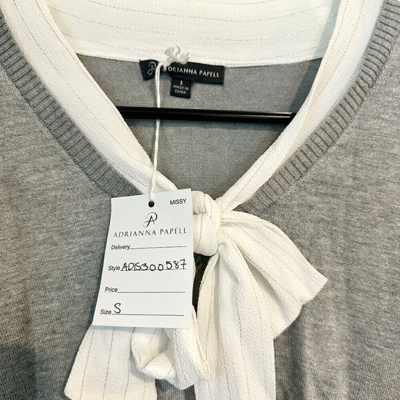 NWT Adrianna Papell Heather Gray Silver Lurex Sweater Faux Button Up Bow Detail - Picture 3 of 6